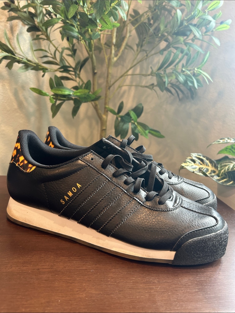 adidas Samoa Black Sneakers with Leopard Heel Accent